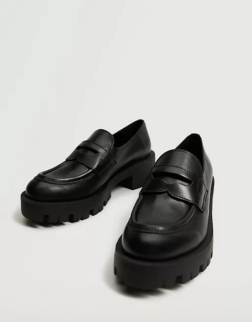 Mango chunky leather flat loafers in black | ASOS (Global)