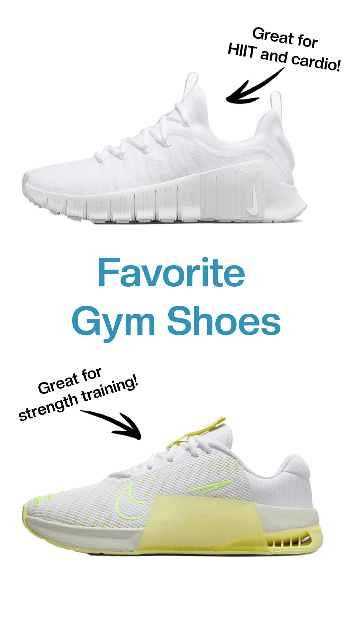 My favorite gym shoes! I use these for strength training, HIIT cardio, shadowboxing, and anything that isn’t running or cycling. These shoes are more sturdy and have flat soles, which give stability when lifting weights, but the Metcon Frees are springy enough for jumping and lateral movement! 

#LTKActive #LTKShoeCrush #LTKFitness