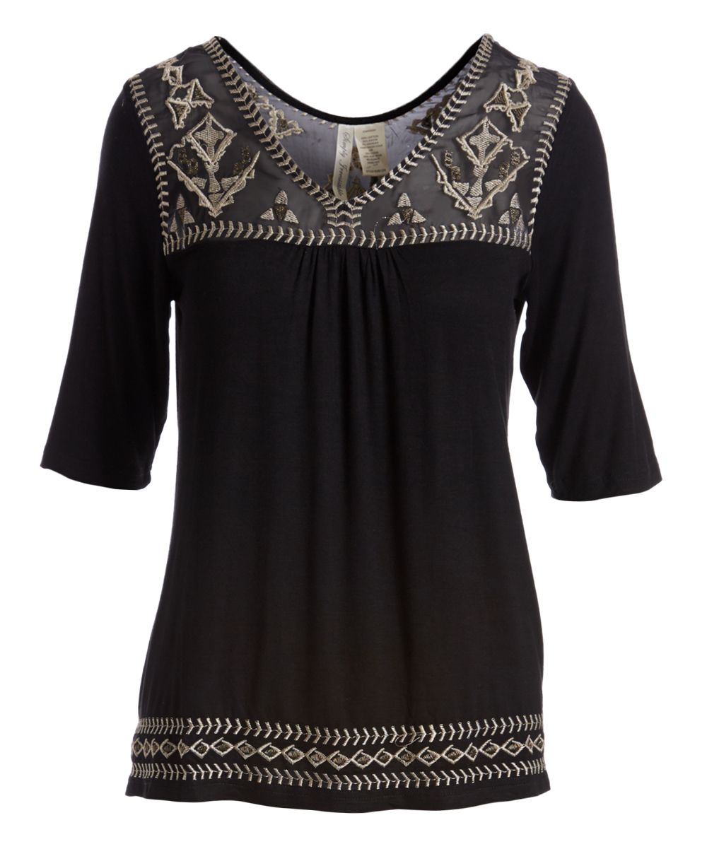Simply Irresistible Women's Blouses Black - Black Geometric Embroidered V-Neck Top - Plus | Zulily