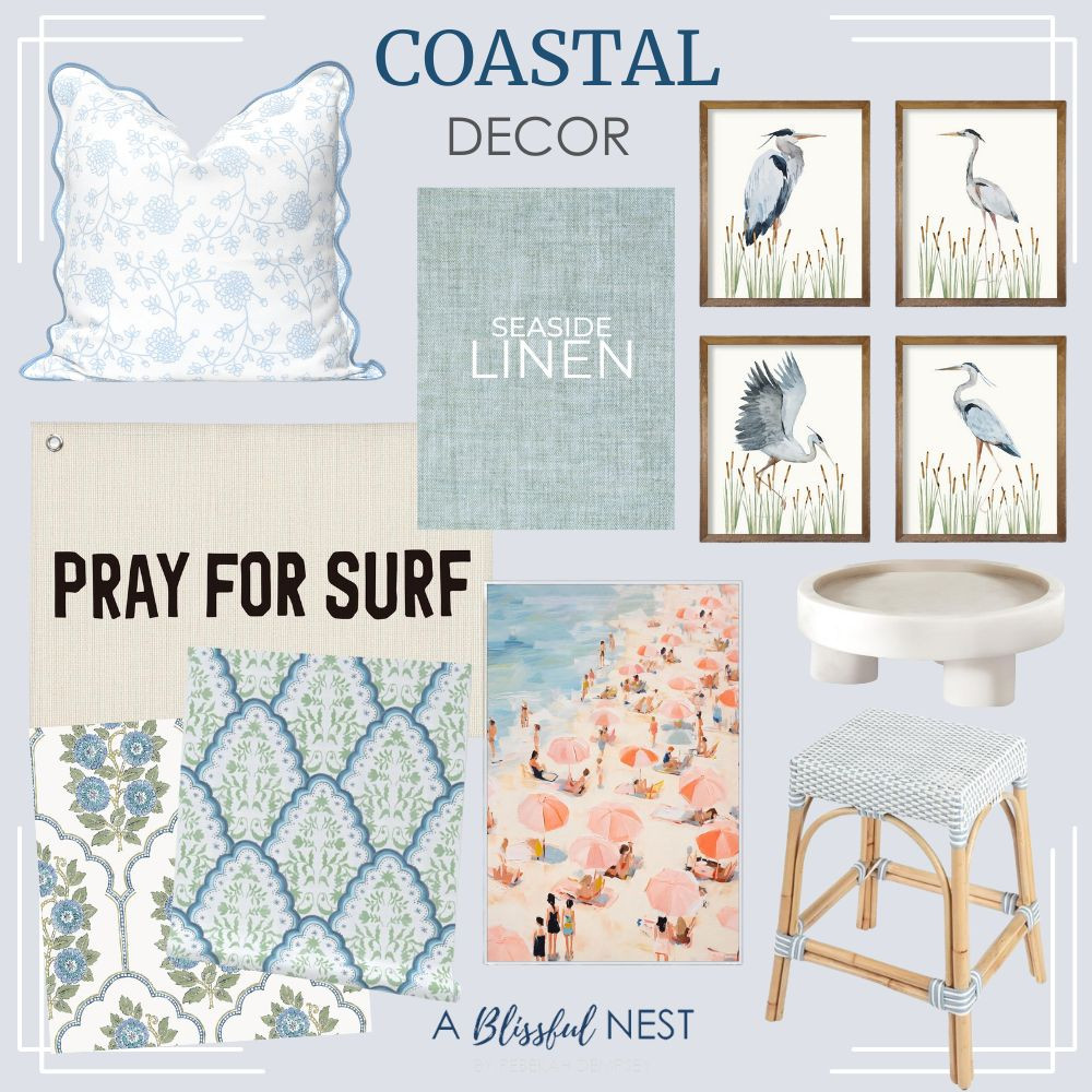 A relaxed coastal style that feels lived in and cozy. Shop now.
blue scalloped throw pillow, seaside linen decorative book, heron and crane art prints, pray for surf wall hanging canvas, blue and white patterned peel & stick wallpaper, beach scene art print, white marble tray, rattan counter stool #LTKFindsUnder50 #LTKFindsUnder100 

 #LTKHome
