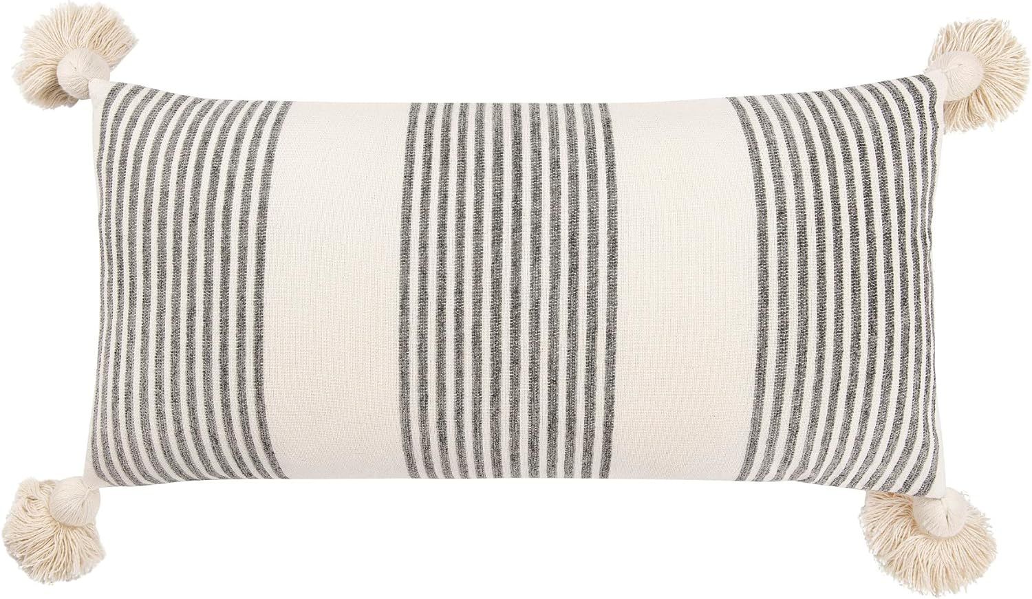 Creative Co-Op Cotton & Chenille Vertical Grey Stripes, Tassels & Solid Cream Back Pillows, 1 Cou... | Amazon (US)