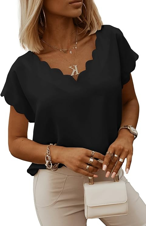 miduo Womens Scallop Trim Summer Fashion Solid Short Batwing Sleeve V Neck Blouses Tops | Amazon (US)