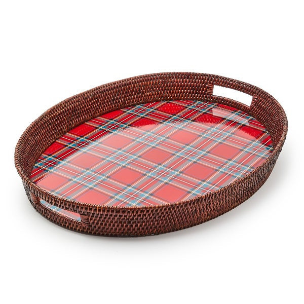 MacKenzie-Childs Tartan Red Rattan Party Serving Tray | MacKenzie-Childs