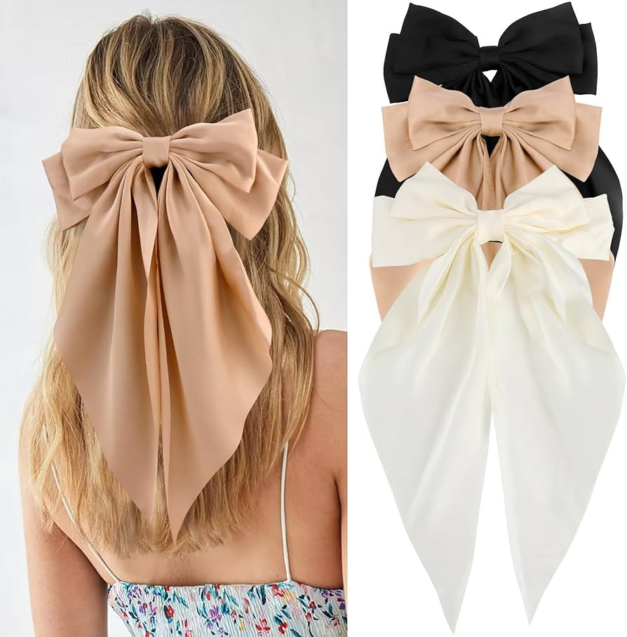 Velscrun Hair Bows for Women Girls 3Pcs White Silky Satin Large Hair Bow Black Coquette Bow Brown... | Amazon (US)