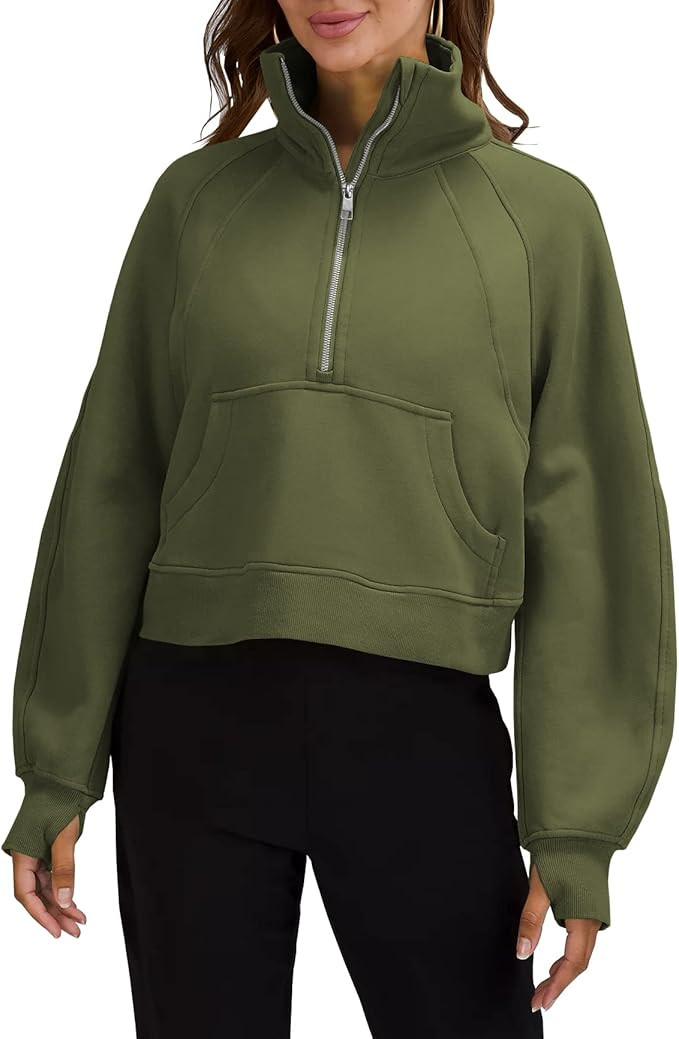 Womens Sweatshirts Half Zipper Crop Pullover Funnel Neck Fleece Lined Zip Up Long Sleeve Tops Thu... | Amazon (US)