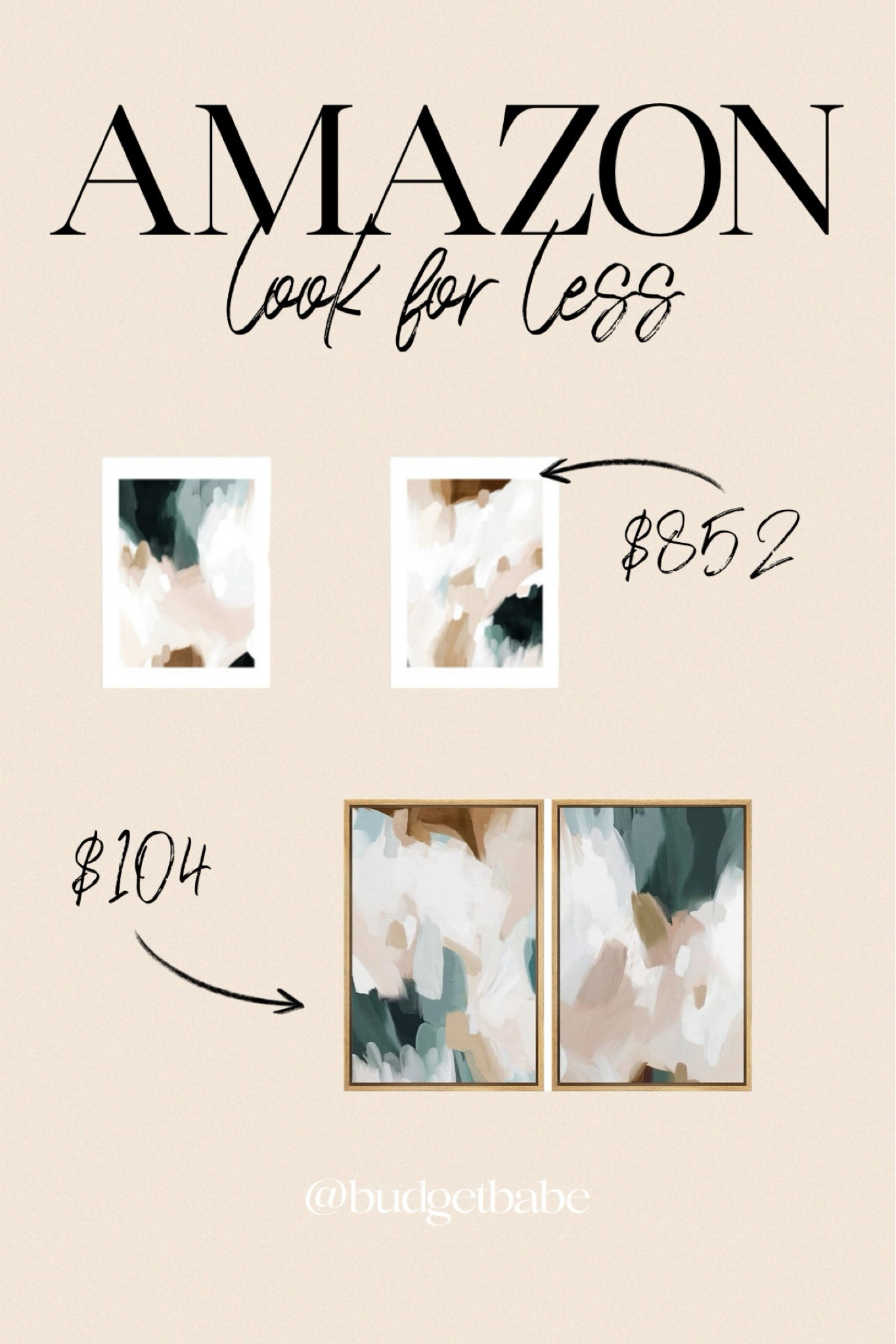 Amazon set of two canvas framed artwork 24”x36” is $104. Similar style on Minted is $426 per framed canvas and supports small business artists. 

#amazonhome lookalike look for less decor

#LTKHome