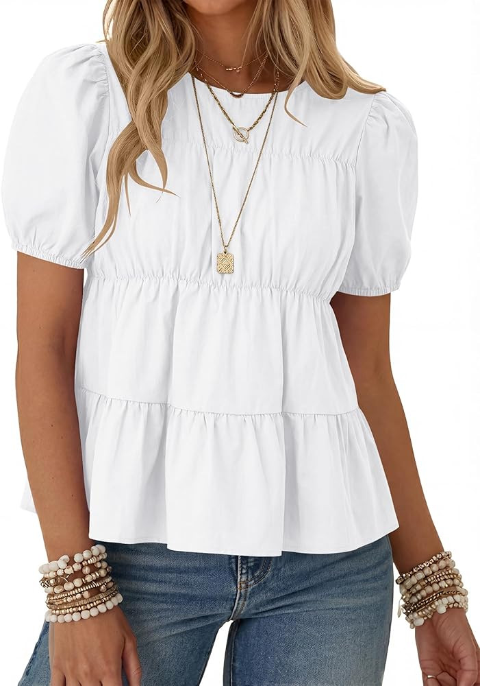 Rapbin Womens Puff Short Sleeve Babydoll Tops Summer Peplum Pleated Cotton T Shirts Casual Loose ... | Amazon (US)