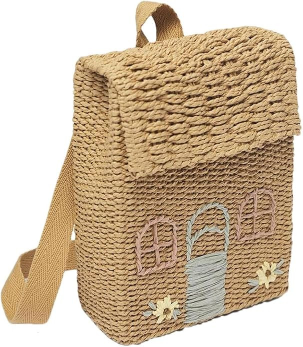 Handwoven Straw Backpack with Floral Embroidery Natural Woven Clutch Handbag Shoulder Bag Beach S... | Amazon (US)