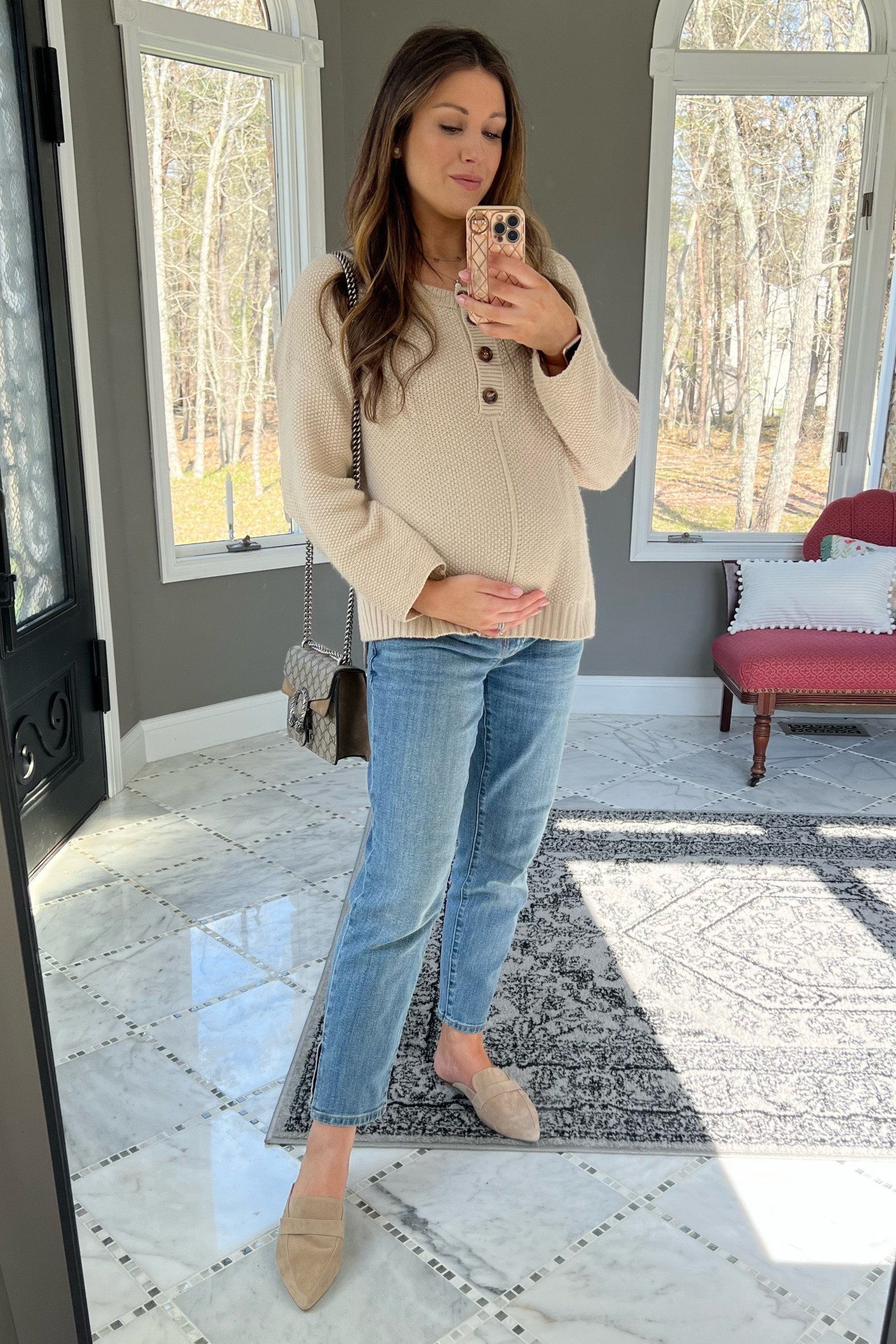 These are THE best maternity jeans for spring! The loose fit is trendy (and comfortable!) and the little slit at the bottom of the leg looks so cute with flats or sandals! 

Pregnancy ootd, maternity outfit idea, dress the bump, bump style, bump fashion, maternity fashion, maternity style, pregnancy style, pregnancy fashion, third trimester, second trimester, pregnancy jeans, best maternity jeans, old navy maternity, Gucci bag, spring sweater, waffle knit sweater, light sweater, neutrals, neutral outfit ideas, vanilla girl aesthetic, casual outfit ideas, casual maternity, everyday looks, Steve Madden mules, flats, suede shoes, neutral shoes, tan work shoes, tan mules 

#LTKbump #LTKFind #LTKitbag