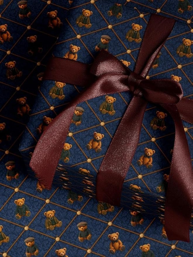 Children Teddy Bear Wrapping Paper, Cute Blue Roll for Boys Kids Teens, Vintage Adorable Bear Des... | Amazon (US)