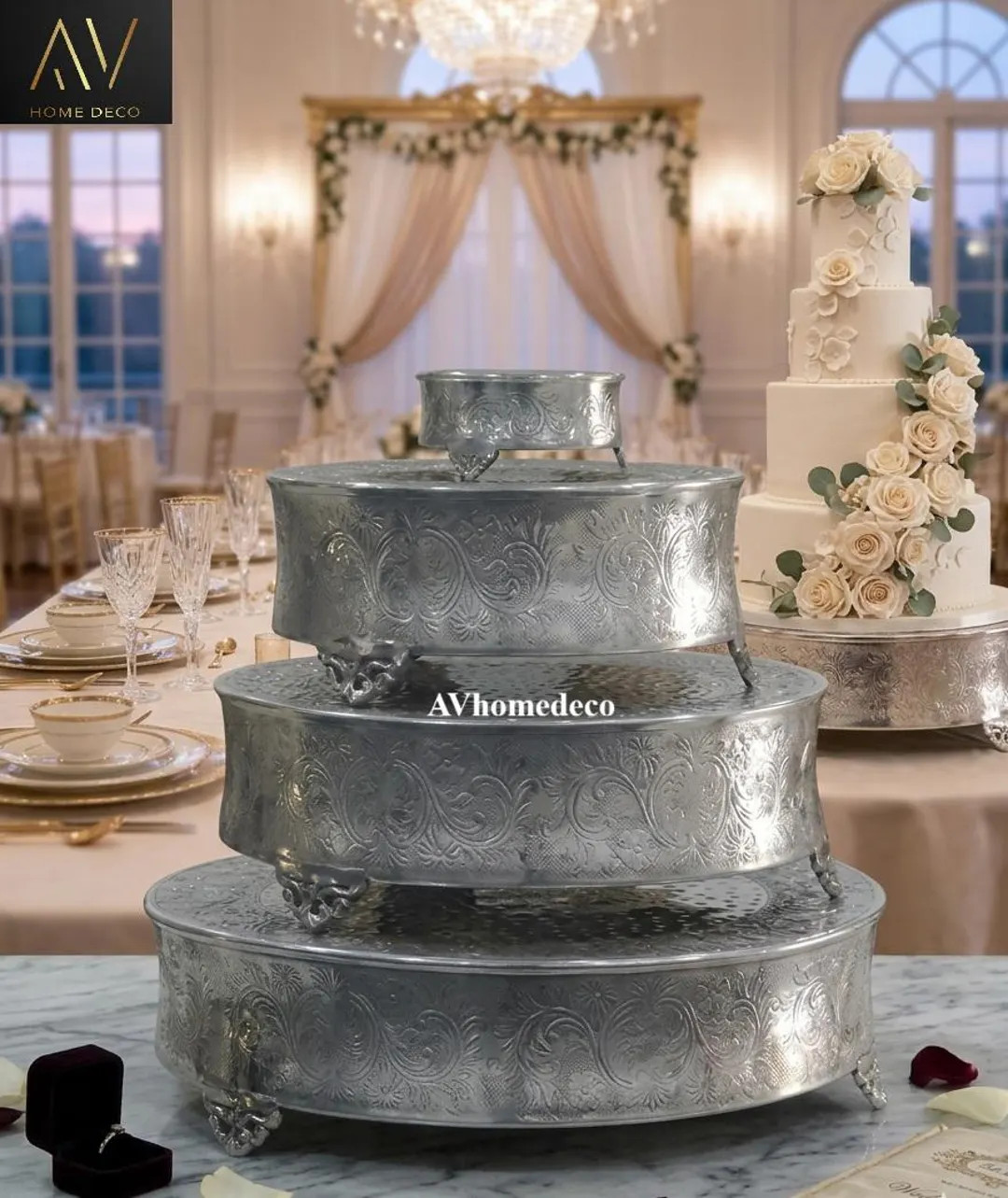 Home Deco Grand Sovereign 4-Tier Embossed Silver Cake Stand - Hand-Etched Silver Tiered Stand - P... | Etsy (US)