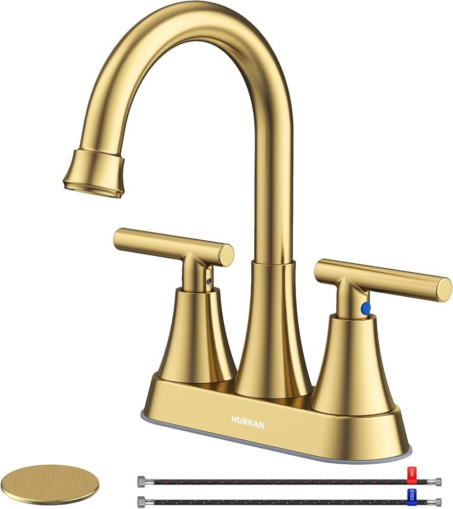 4 inch Brushed Gold Bathroom Sink Faucet with Pop-up Drain and 2 Supply Hoses, Stainless Steel Le... | Amazon (US)