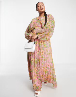ASOS DESIGN Curve pleated maxi dress in yellow floral | ASOS (Global)