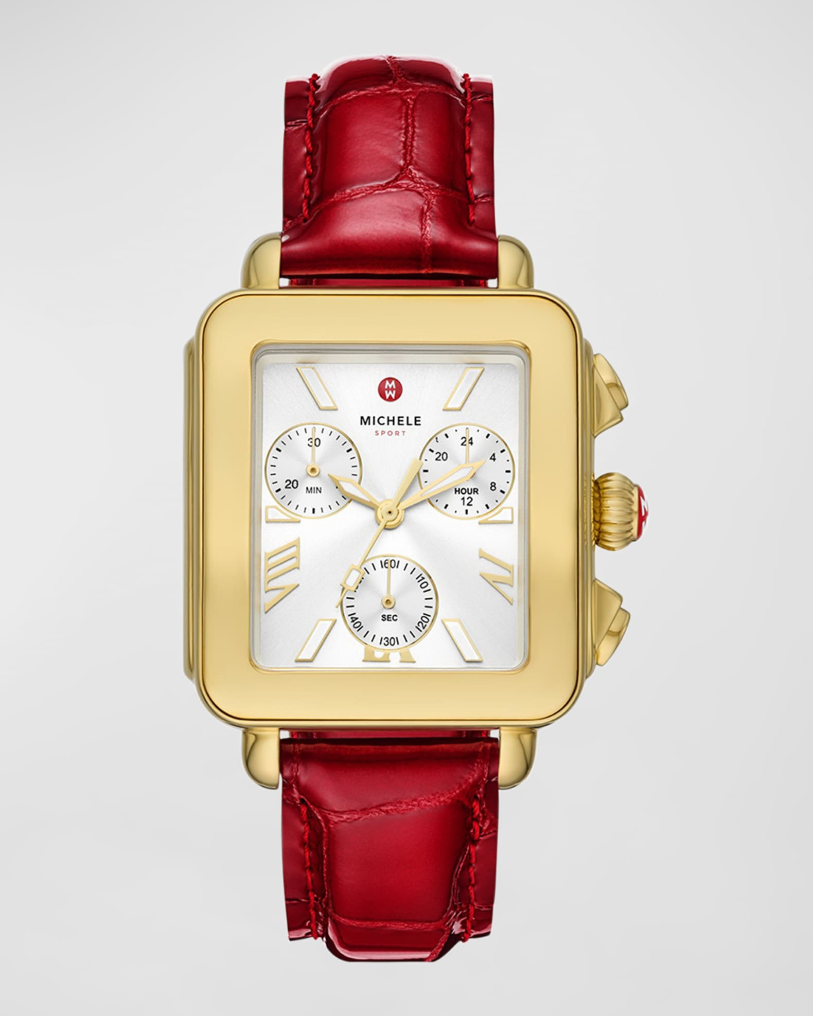 Deco Sport 18K Gold-Plated Ruby Red Leather Watch | Neiman Marcus