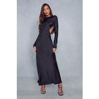 Womens Satin Long Sleeve Backless Slash Neck Maxi Dress - Black - 14 | NastyGal UK