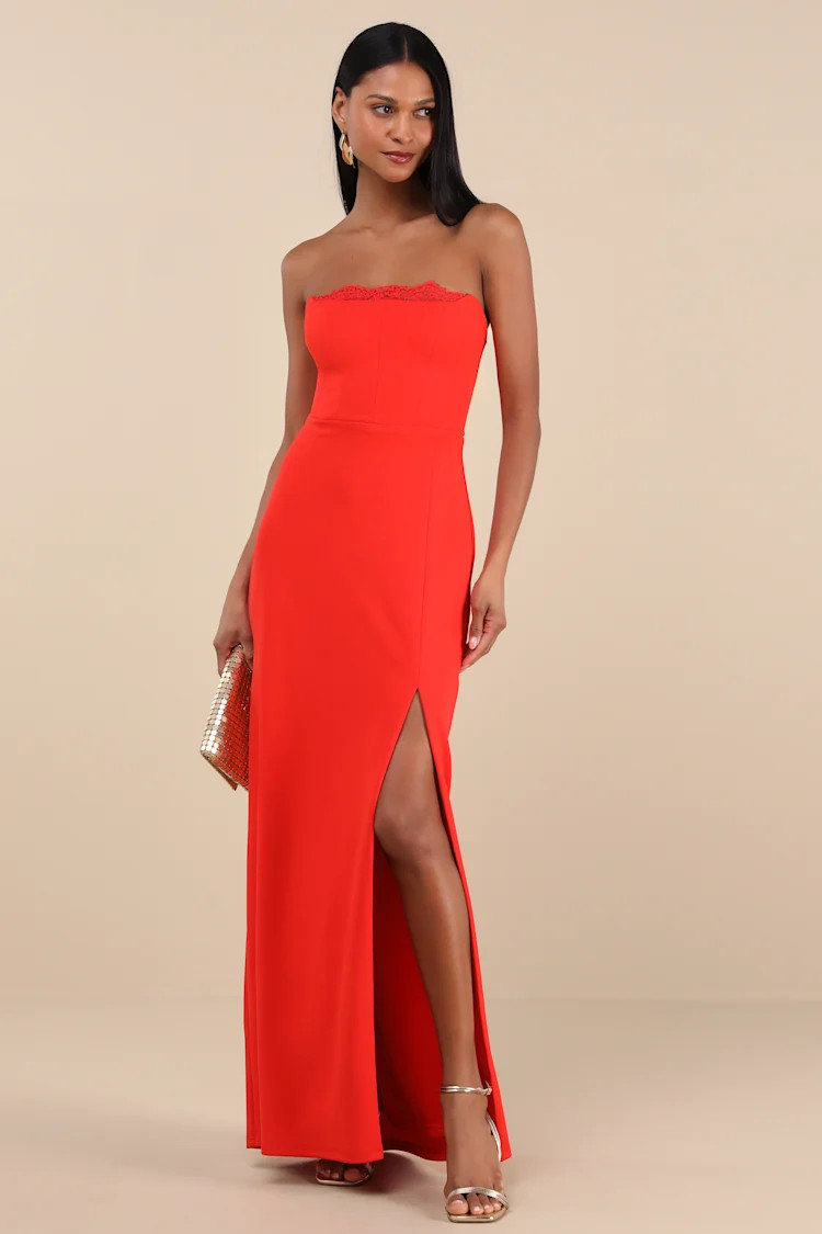 Memorably Iconic Red Strapless Lace Bustier Maxi Dress | Lulus
