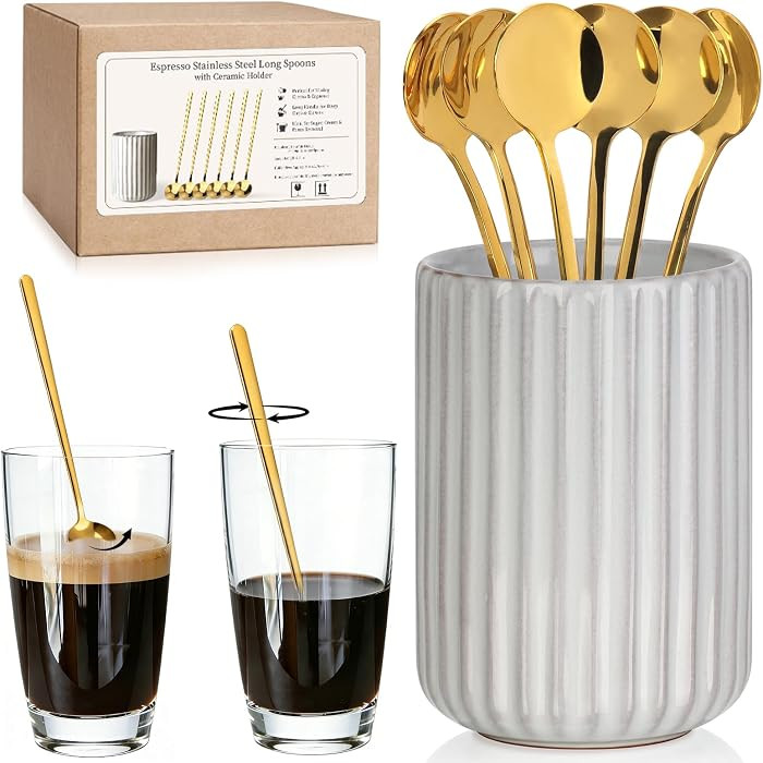 6 Pcs 6.7 Inches Gold Coffee Spoons with Stoneware Striped Utensil Holder Tea Spoons Long Handle ... | Amazon (US)