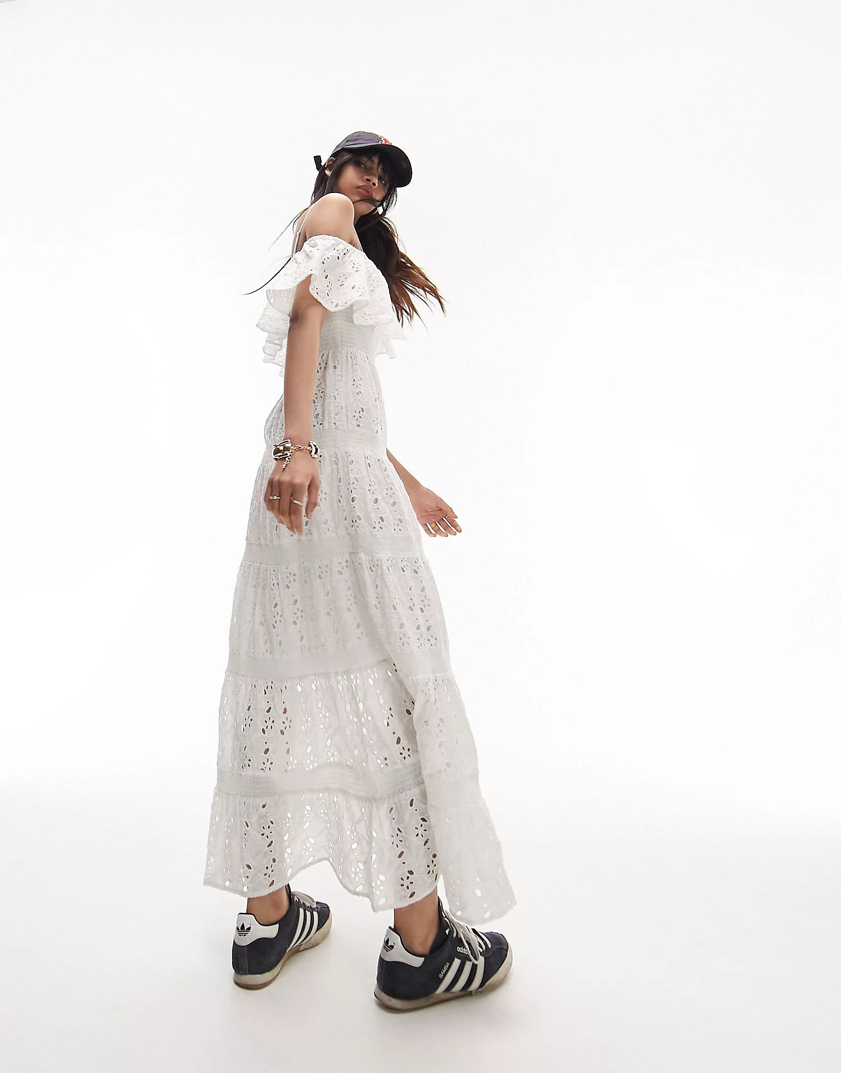 Topshop strappy broderie maxi dress with frill neck in ivory | ASOS | ASOS (Global)