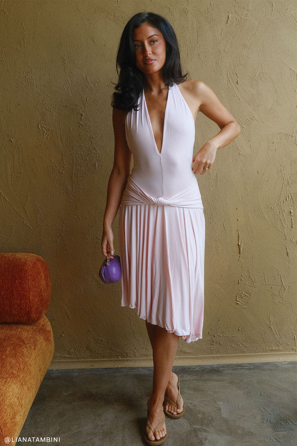 Zelda Asymmetric Slinky Midi Dress - Ballet Pink | MESHKI US