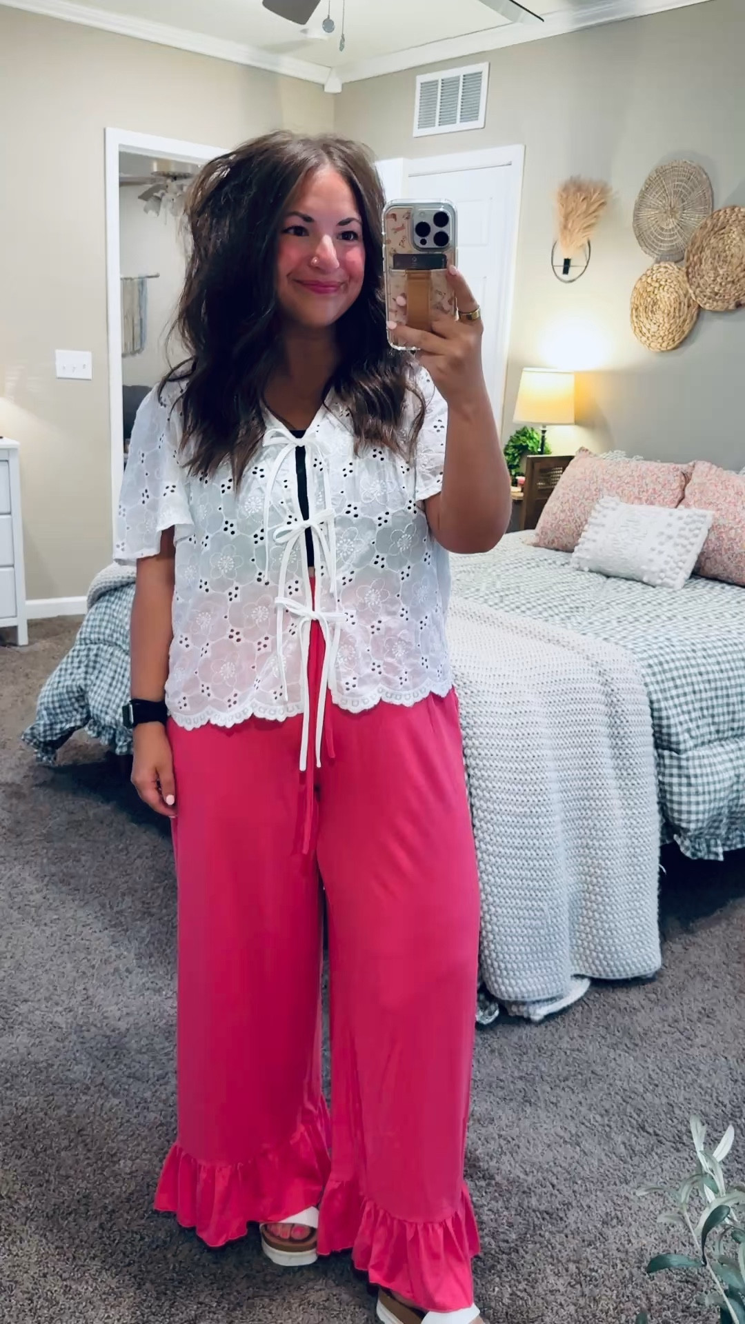 Amazon OOTD 🤍 this eyelet tie front top is the sweetest little summer piece!

sandals: fit true to size // wearing a 5
pants: fit true to size // wearing a large
blouse: fits true to size // wearing a large 

 
