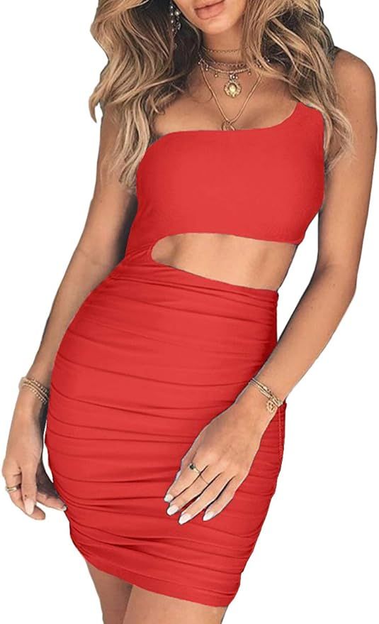CHYRII Women's Sexy One Shoulder Sleeveless Cutout Ruched Bodycon Mini Club Dress | Amazon (US)