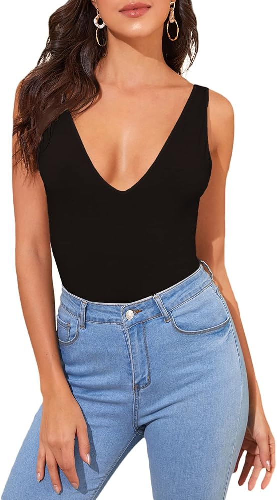 Verdusa Women's Casual Double V Neck Slim Fitted Basic Tank Top | Amazon (US)