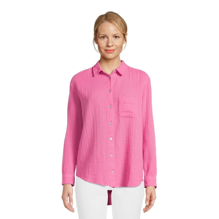 Time and Tru Women’s Double Cloth Shirt with Long Sleeves, Sizes XS-XXXL | Walmart (US)