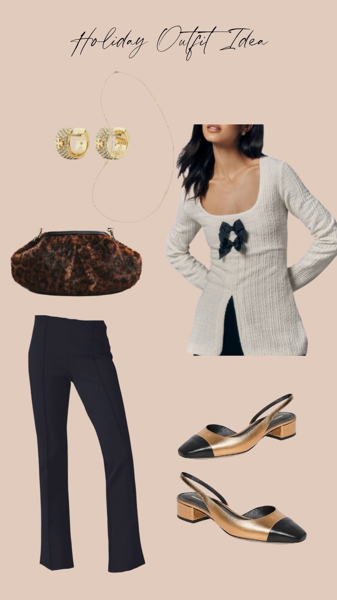 Holiday outfit idea that feels chic, polished, and easy to wear. A textured bow-detail top paired with tailored black pants, classic slingback heels, and a statement clutch creates a look that’s festive without being overdone. Finished with gold hoops for just the right amount of shine.

Perfect for dinners, parties, or any holiday event where you want to feel pulled together and comfortable. ✨

#LTKHoliday #LTKPetite #LTKootd