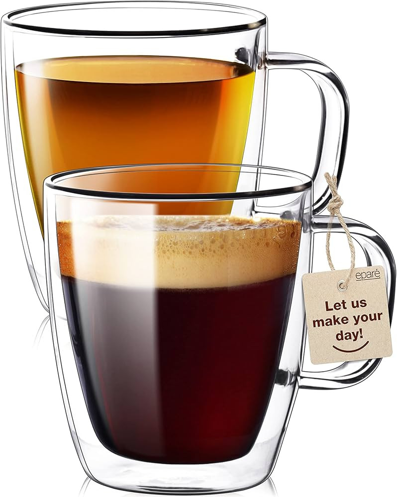 Eparé 12 oz Glass Coffee Mugs - Set of 2 - Clear Double Wall Glasses - Insulated Glassware With ... | Amazon (US)