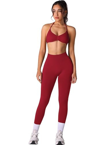 ABOCIW Workout Sets for Women 2 Piece Impact Strappy Sports Bra Scrunch Butt Lifting High Waist Leggings Sets Active Wear Gym Yoga Outfits Wide Red X-Small | Amazon (US)