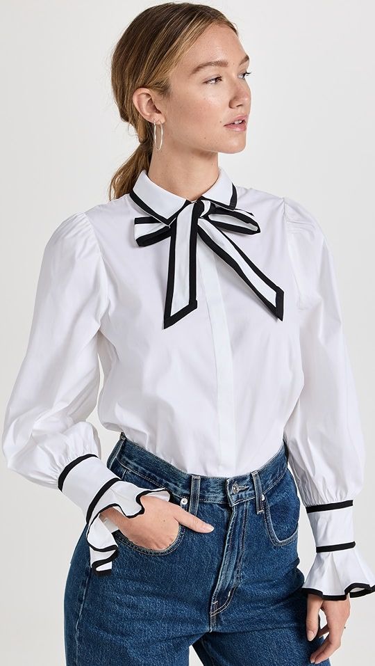 alice + olivia Sharen Puff Sleeve Bow Tie Button Blouse | SHOPBOP | Shopbop