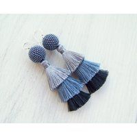 Triple Tassel Earrings - Ombre Gray Black Tassle Earrings Luxury Modern Silk Boho Long Dangle Party | Etsy (US)