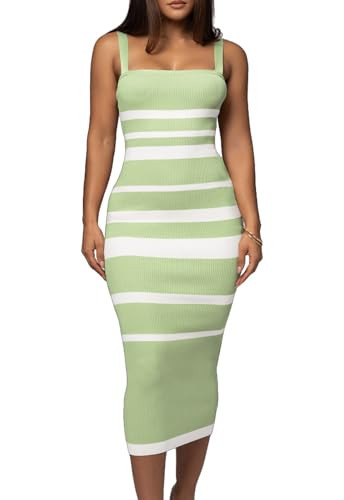CutieLove Women's Casual Sleeveless Striped Bodycon Midi Dress Square Neck Ribbed Knit Dresses | Amazon (US)