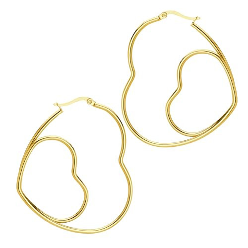 555Jewelry Stainless Steel Double Heart Hoop Earrings for Women Geometric Big Huggie Hoop Earrings for Ladies Simple Classic Large Love Heart Womens Statement Earrings, Gold | Amazon (US)