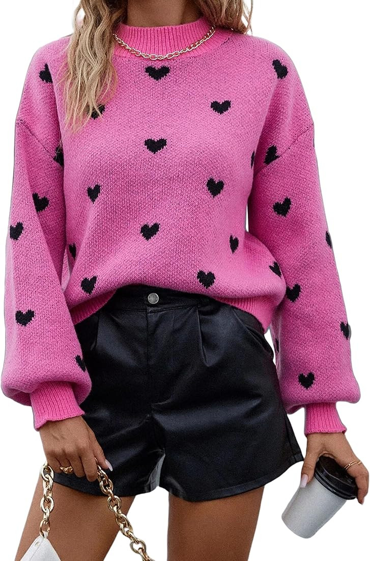 Bafuroo Women Long Sleeve Mock Neck Knitted Sweater Top Casual Drop Shoulder Heart Pattern Pullov... | Amazon (US)