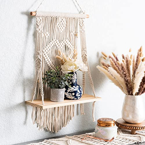 SnugLife Macrame Wall Hanging Shelf - Tier Wall Shelves with Handmade Woven Rope - Boho Shelves Organizer Hanger for Kitchen, Bathroom, Home Storage, Floating Indoor Plant Wall Shelf (1 Tier) | Amazon (US)