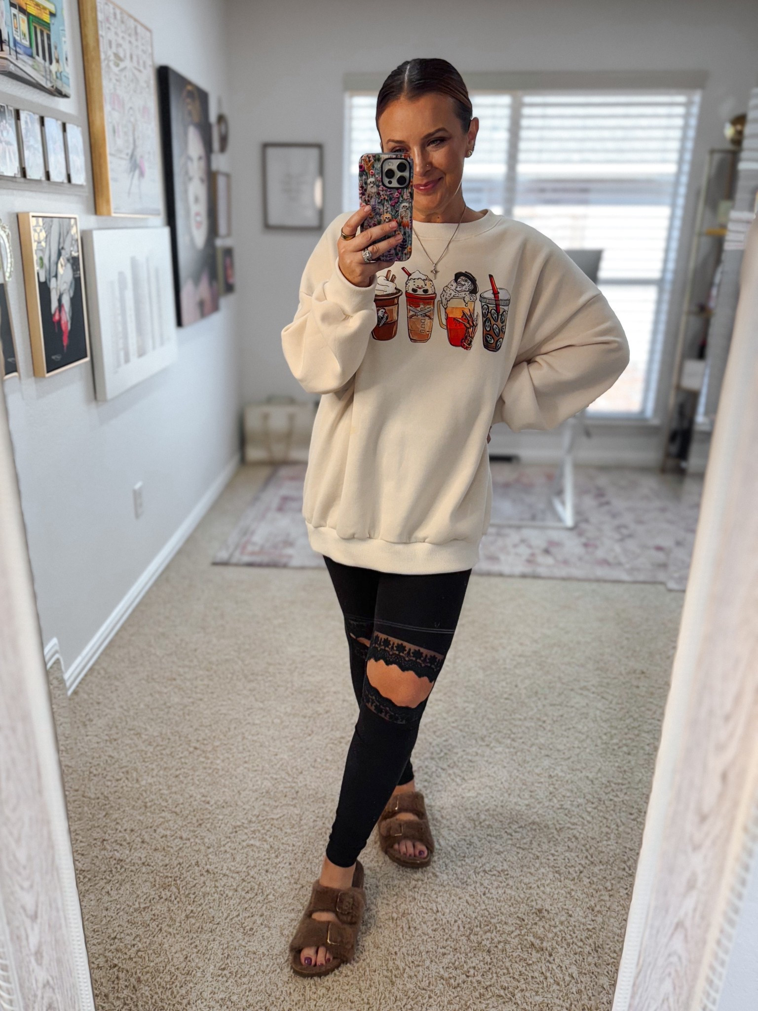 Comfy Halloween OOTD 🎃👻🖤 I have these faux fur sandals in 3 colors I love them so much! Currently on sale under $25. 

#LTKHalloween #LTKShoeCrush #LTKSaleAlert