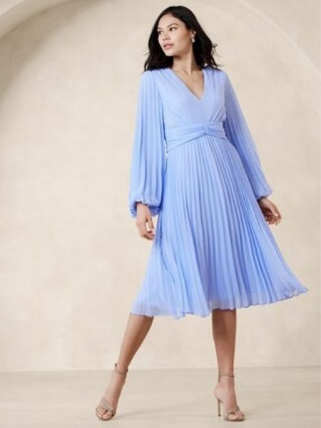 Absolutely stunning dress from Banana Republic Factory Outlet on super sale and is perfect for wedding guest dress, or mother of the bride! Can also be worn for Easter or any special occasion. 

#dresslover #femininedresses #pleateddress #dressstyle 

#LTKGala #LTKstyletip #LTKsalealert