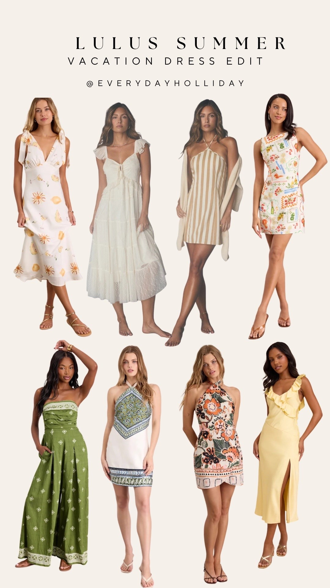 Lulus summer vacation dress edit and I cannot pick a favorite 😍 Sun prints, boho whites, printed halters, a gorgeous green wide-leg set, and the dreamiest yellow midi — all the vacation vibes are here. Everything is linked here! Which one would you wear? 👇​​​​​​​​​​​​​​​​

#LTKgrwm #LTKTravel #LTKootd