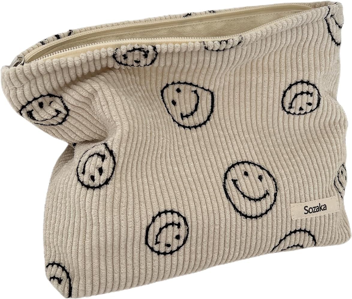 Cosmetic Bags for Women - Corduroy Cosmetic Bag Aesthetic Women Handbags Purses Smile Dots Makeup... | Amazon (US)
