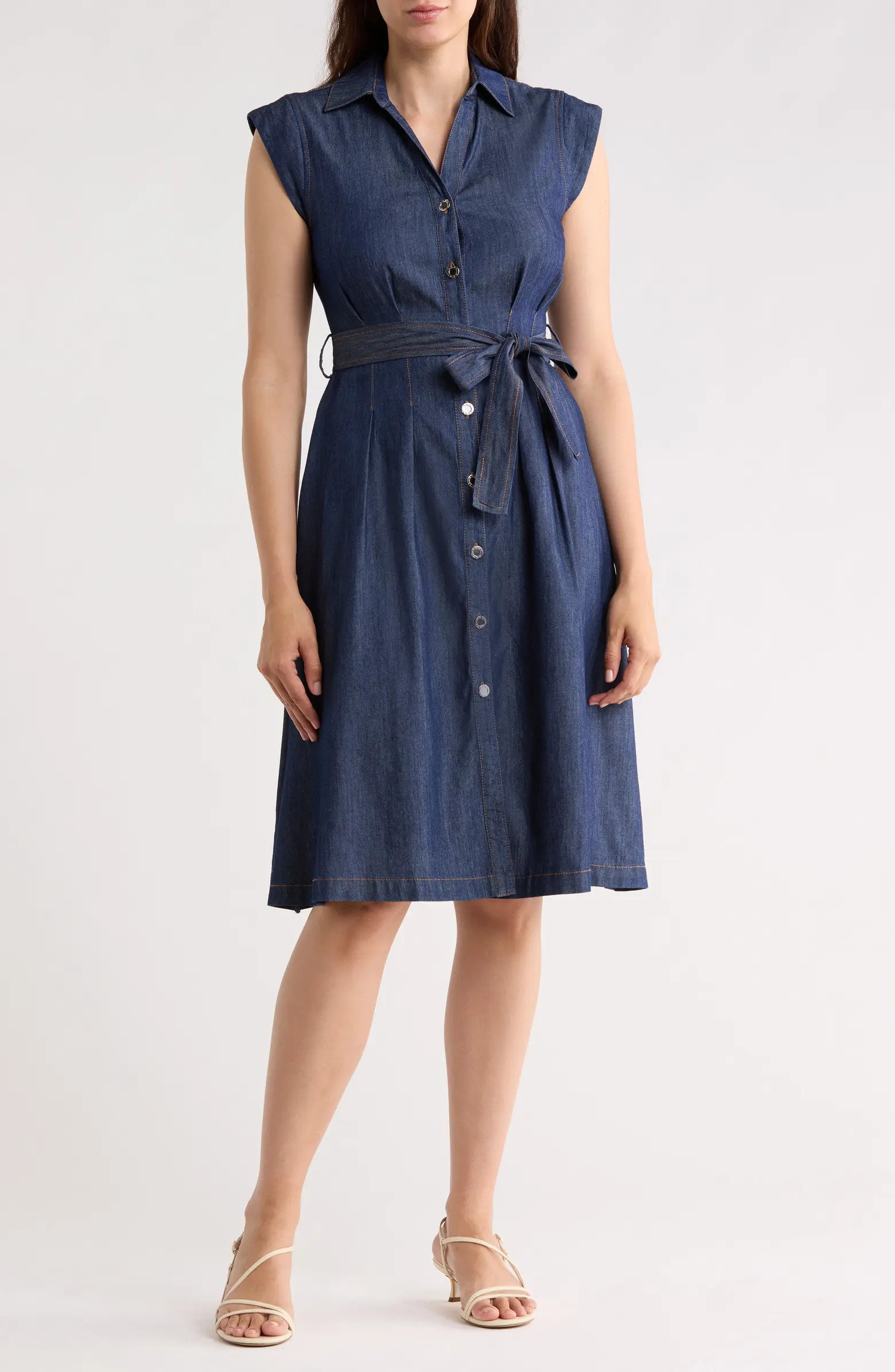 DKNY Cap Sleeve Tie Waist Denim Shirtdress | Nordstromrack | Nordstrom Rack