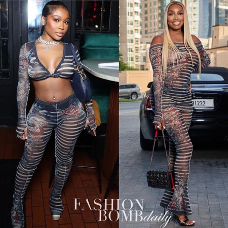 #whoworeitbetter ? Both @jaydacheaves and @neneleakes have been spied in these $427 @jeanpaulgaultier Printed Mariniere Tattoo Flare Trousers. While #jaydacheaves paired hers with a matching $385 #jeanpaulgaultier cropped wrap top, #neneleakes rocked her pants with a $420 #jeanpaulgaultier mini dress. Both look 💣, but #wwib ? Shop both looks in our bio! 
#jaydacheavesfbd #neneleakesfbd