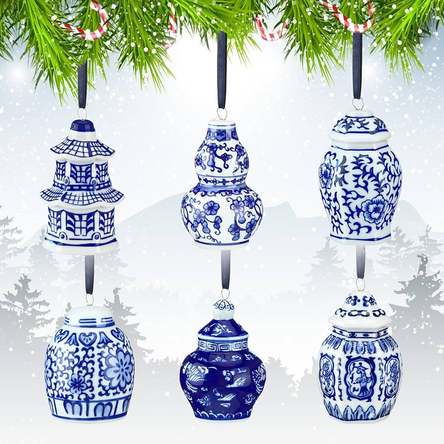 Set of 6 Blue and White Porcelain Ornaments Christmas Chinoiserie Ornament Mini Ginger Jar Hangin... | Amazon (US)