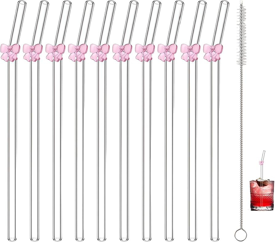 11 PCS Glass Straws With Pink Bow Charms - Clear Drinking Set 20cm for Smoothies, Tea, Coffee, Mi... | Amazon (UK)
