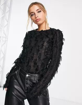 ASOS DESIGN sheer fluffy texture blouse in black | ASOS (Global)