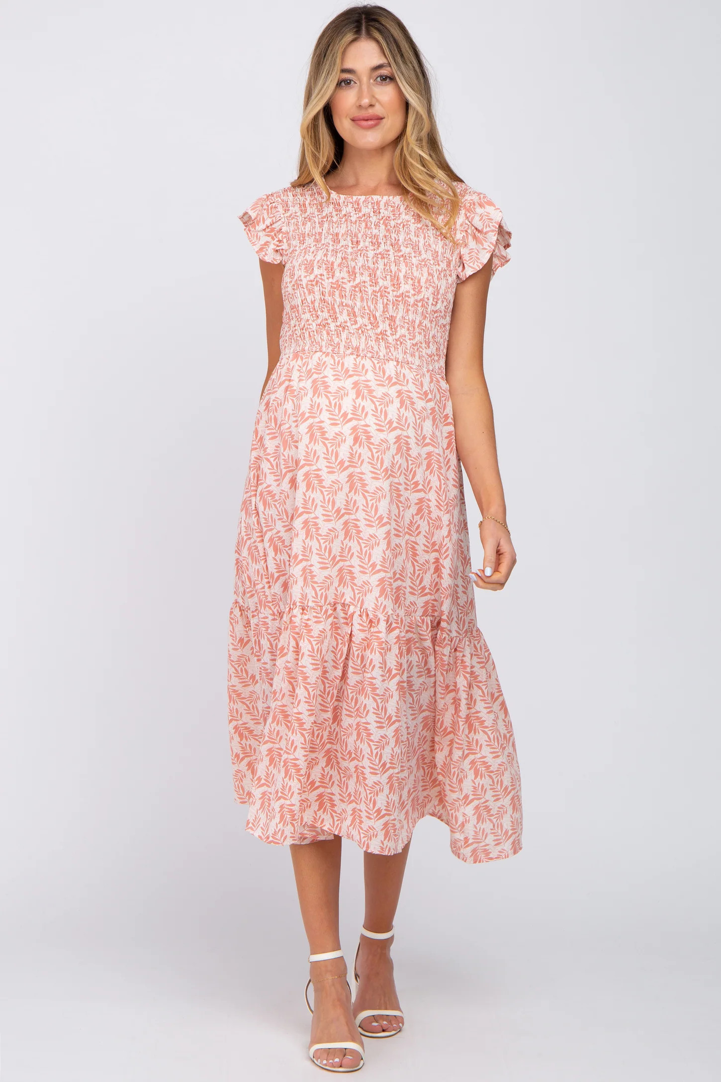 Pink Leaf Print Smocked Ruffle Sleeve Maternity Midi Dress | PinkBlush Maternity