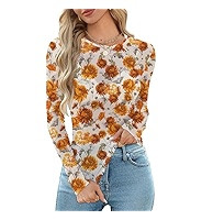 OFEEFAN Womens Mesh Tops Lace Long Sleeve Shirts Crewneck Slim Fitted Outfits See Through Blouses | Amazon (US)