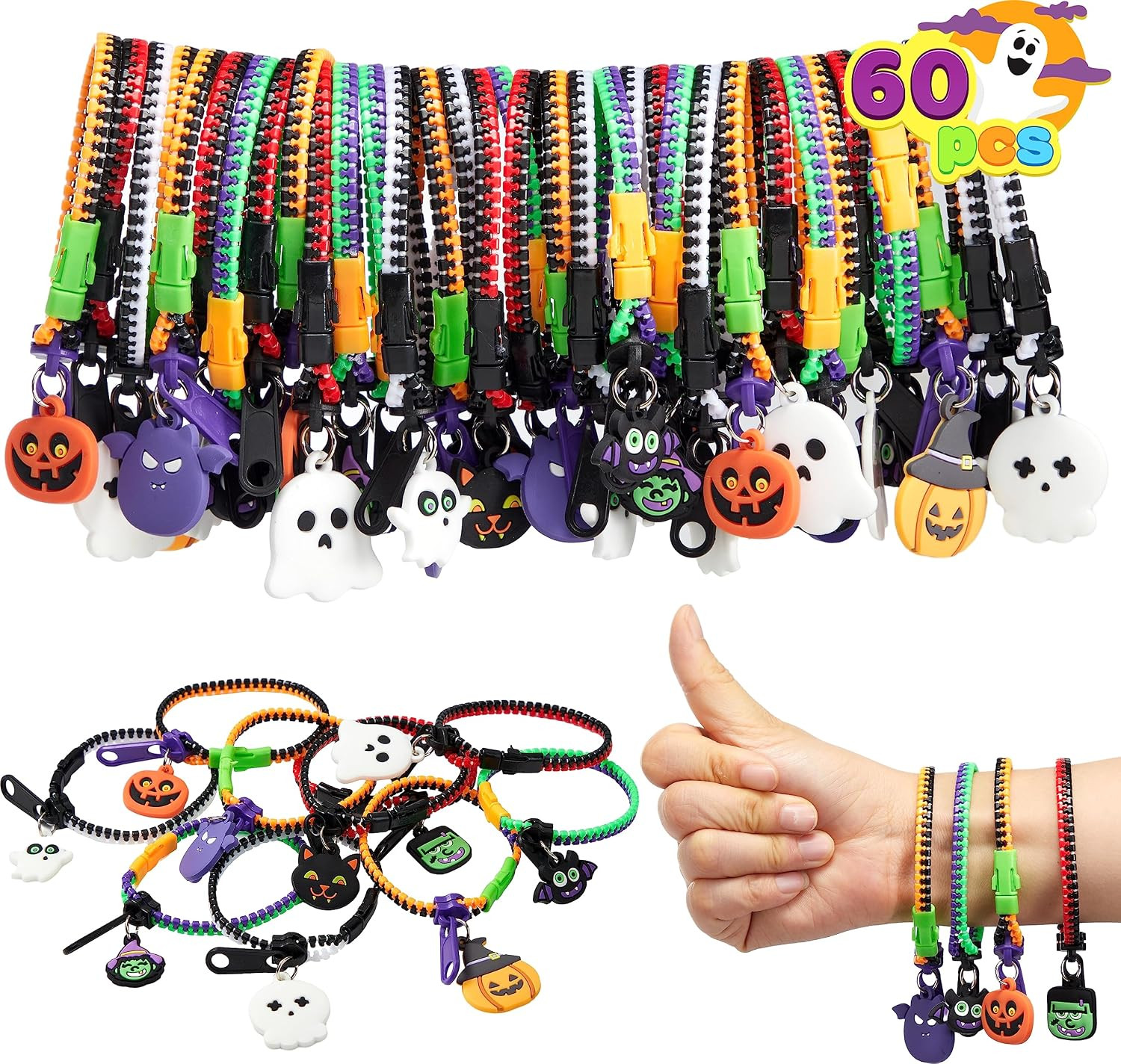 JOYIN 60 PCS Halloween Zipper Bracelets Bulk Set, Friendship Zipper Wristbands for Kids Gift, Halloween Trinkets, Goodie Bag Fillers, Classroom Prizes | Amazon (US)