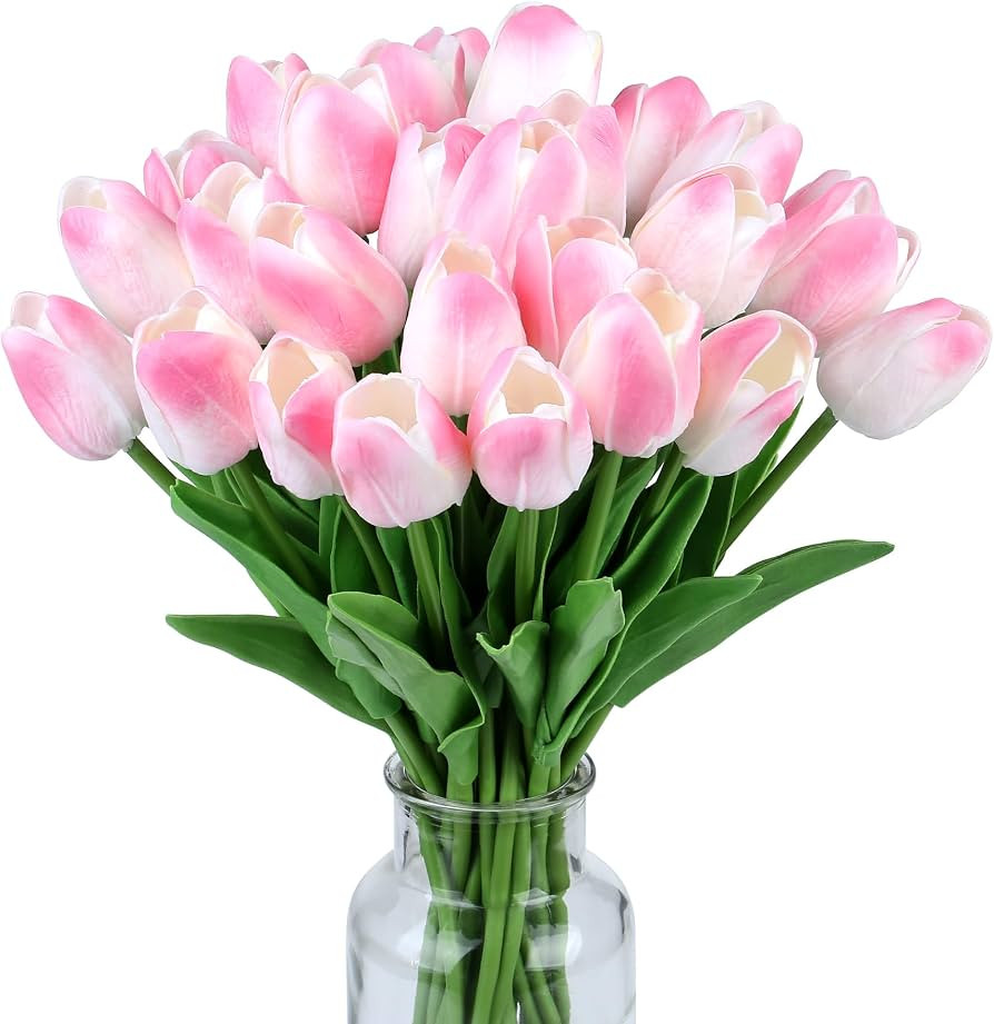 SITUMEIZI 15pcs Fake Tulips Artificial Flowers Real Touch Pink 14" PU Flower for Home Kitchen Dec... | Amazon (US)