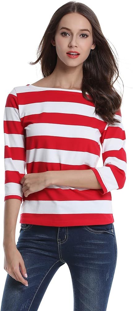 FENSACE Womens 3/4 Sleeve Round Neck Casual Stripes T-Shirt | Amazon (US)